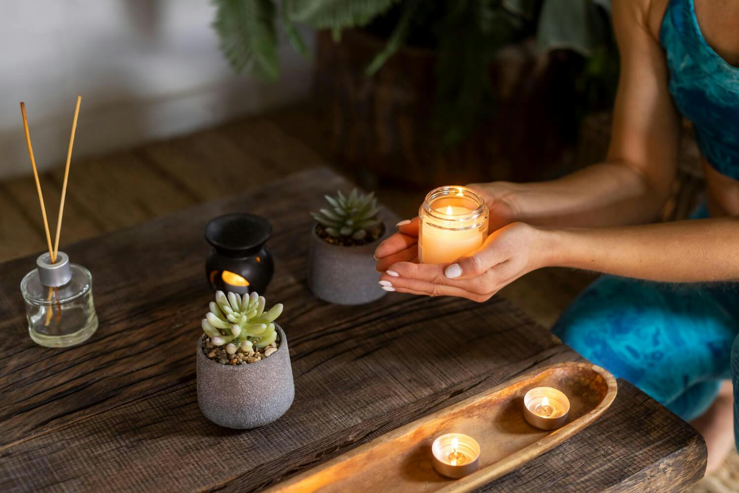 Una persona practicando mindfulness con una vela encendida, enfocándose en el presente para mejorar su autocontrol emocional y enfrentar la ansiedad.