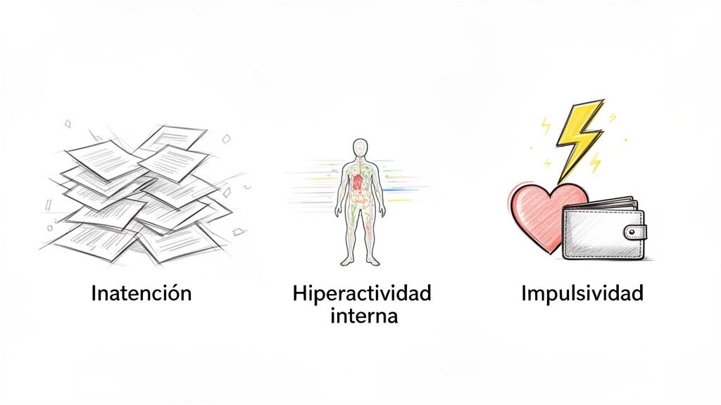 Ilustración de los tres síntomas principales del TDAH: inatención, hiperactividad interna e impulsividad.