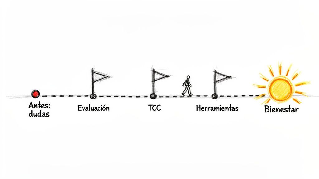 Diagrama de un camino desde las dudas iniciales, pasando por evaluación y TCC, hasta el bienestar.