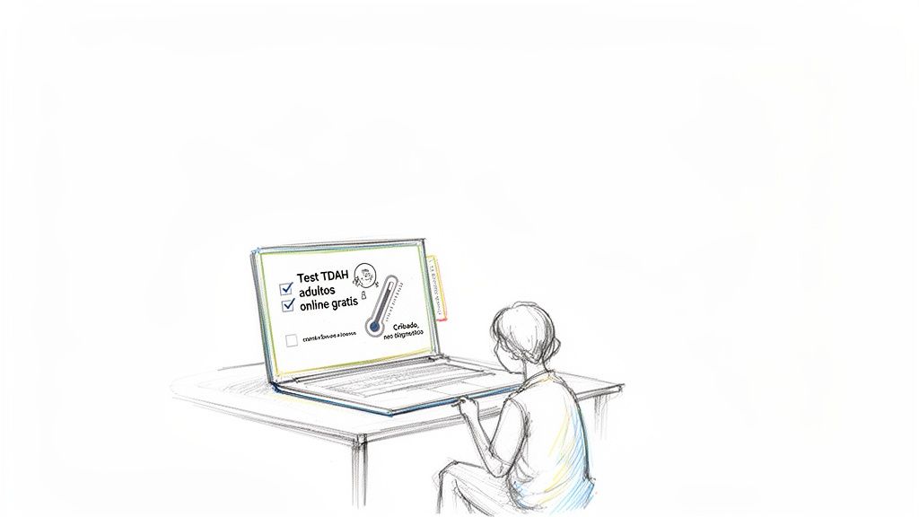 Persona realizando un test TDAH online gratuito para adultos en un portátil, con indicación de cribado.