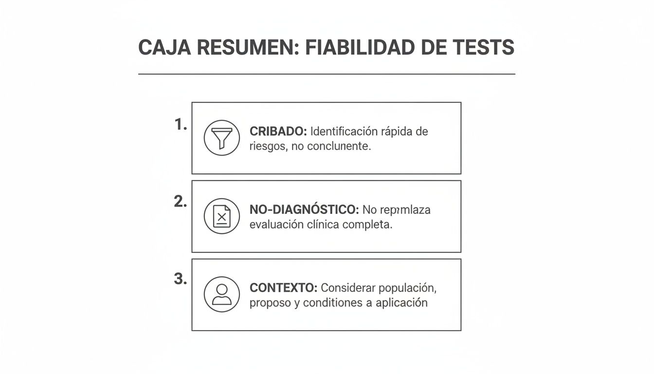 Caja resumen sobre la fiabilidad de los tests, destacando su uso para cribado, su naturaleza no diagnóstica y la importancia del contexto.