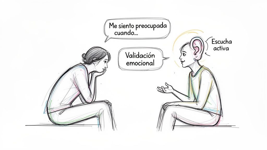 Ilustración de dos personas conversando, una expresando preocupación y la otra escuchando activamente y ofreciendo validación emocional.