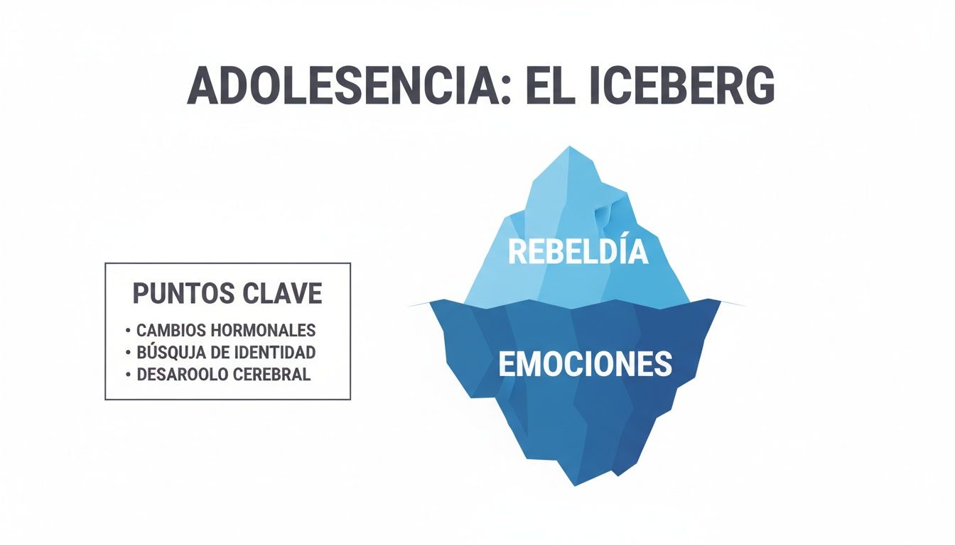 Gráfico de iceberg explicando la adolescencia: rebeldía visible, emociones, cambios hormonales y búsqueda de identidad ocultos.