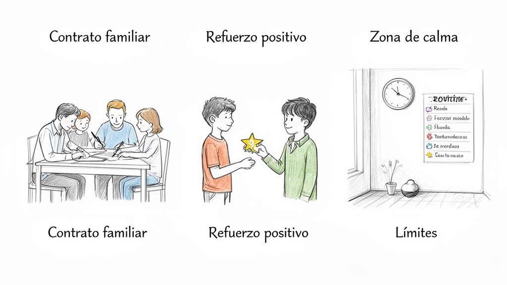 Ilustración de conceptos clave para la crianza: contrato familiar, refuerzo positivo y límites.