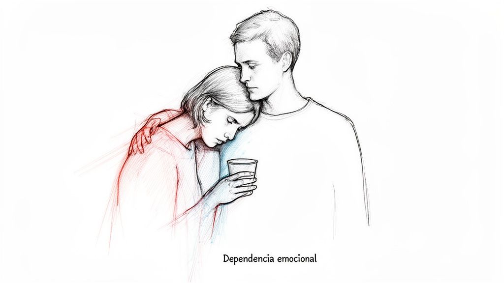 Mujer triste se apoya en el hombro de un hombre, sosteniendo un vaso, simbolizando dependencia emocional.