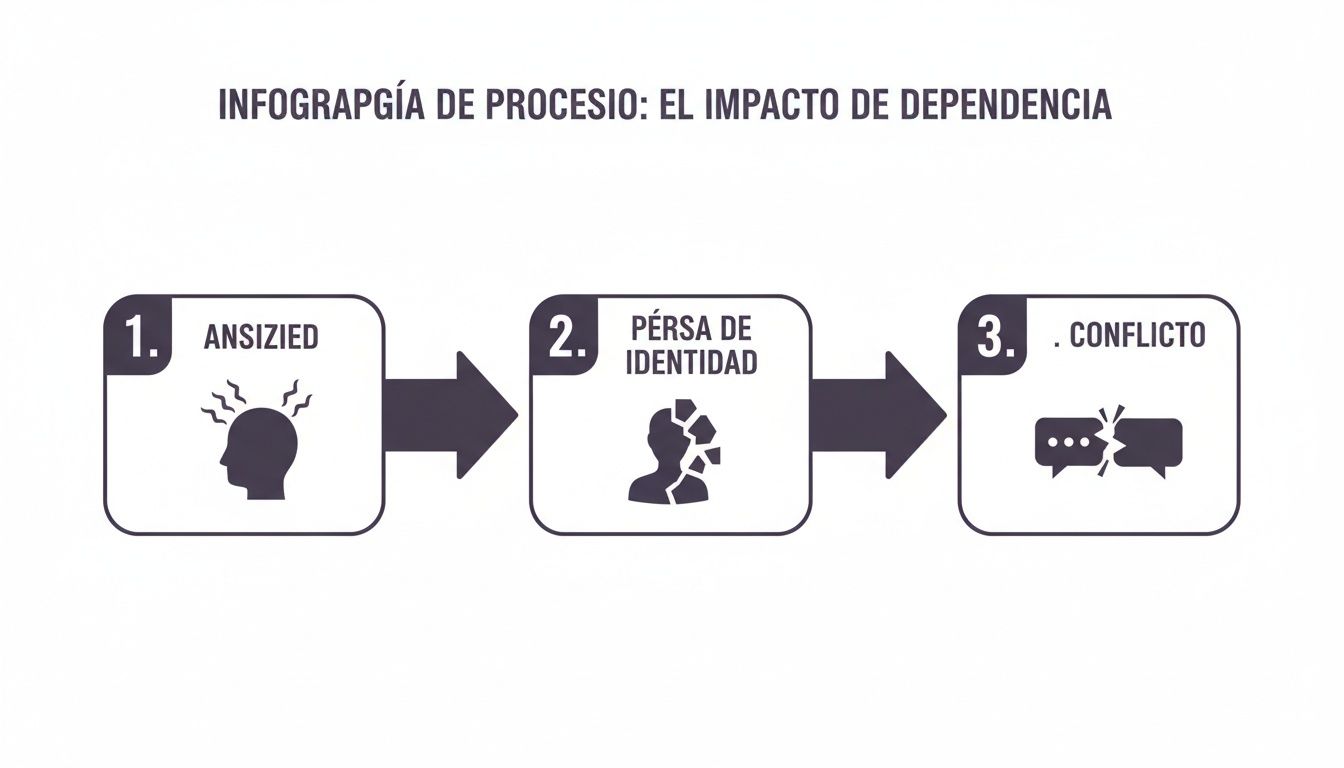 Infografía de proceso sobre el impacto de la dependencia, mostrando ansiedad, pérdida de identidad y conflicto.