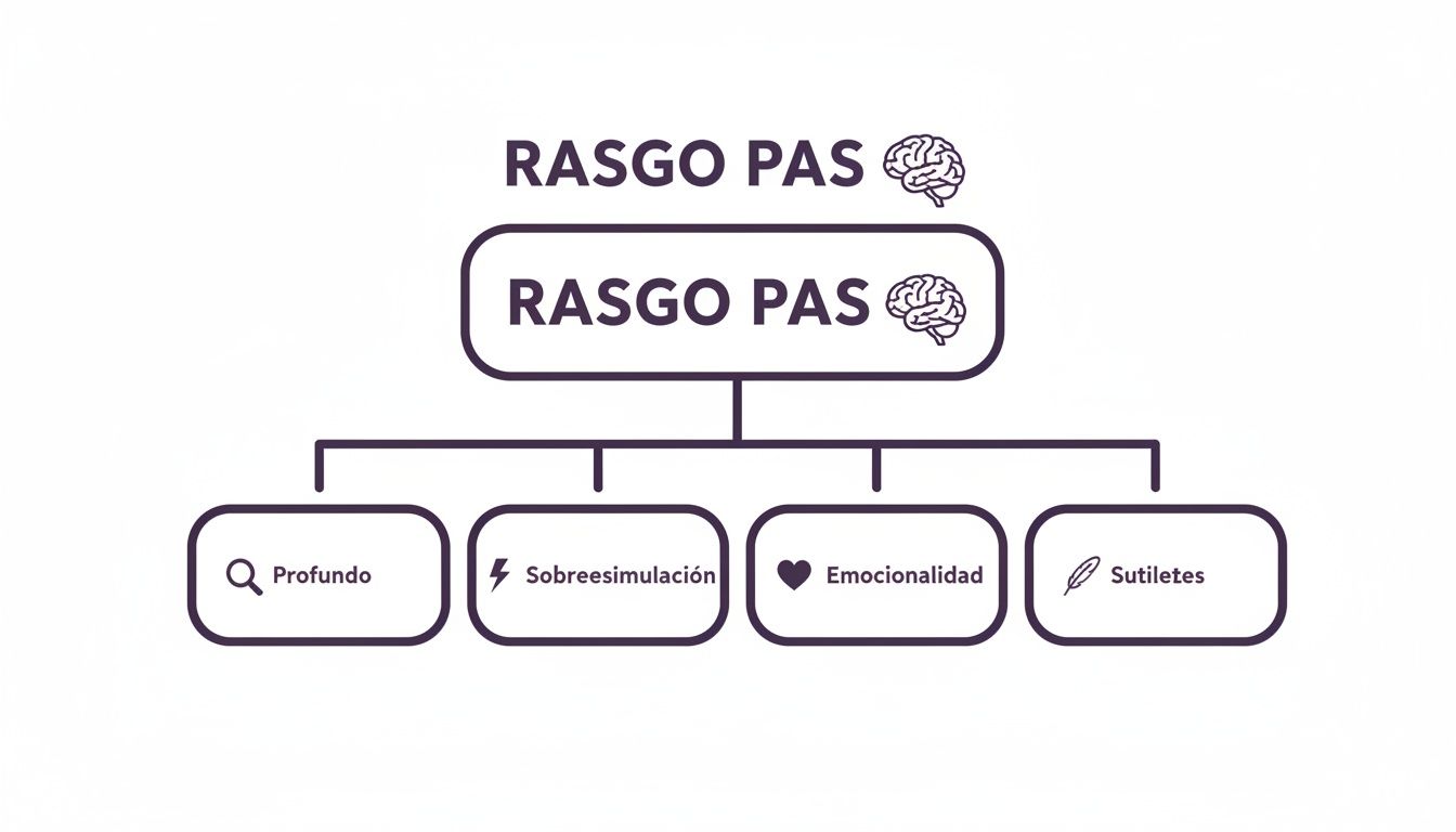 Diagrama que describe el rasgo de la Persona Altamente Sensible (PAS) y sus características: profundidad, sobreestimulación, emocionalidad y sutilezas.