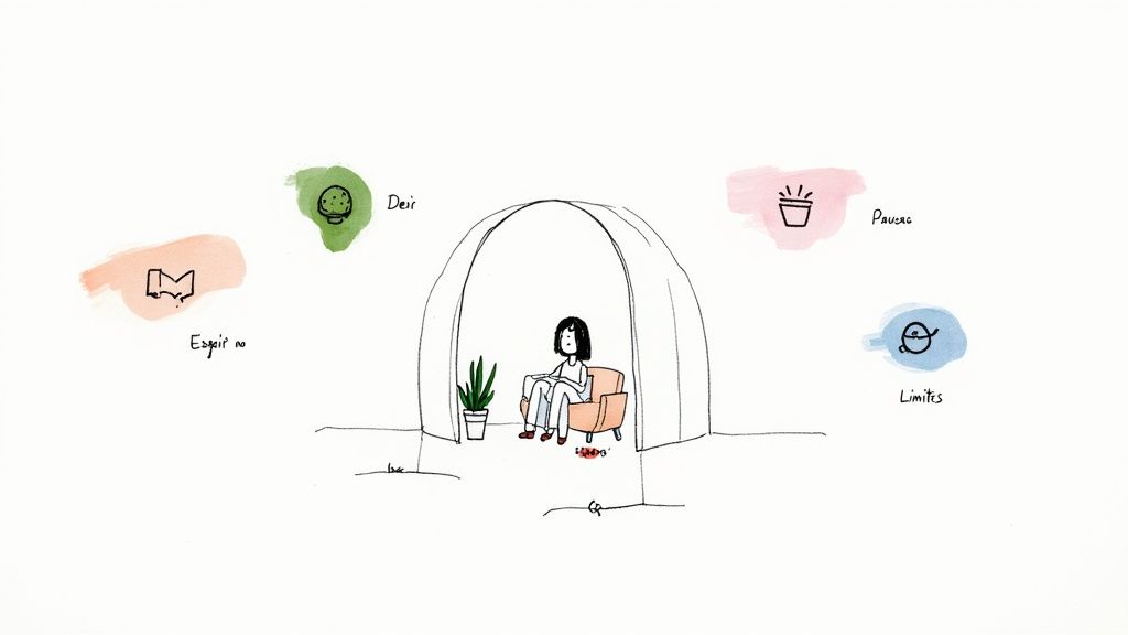 Ilustración de una persona sentada dentro de un arco, contemplando conceptos como deseo, pausa, límites y esperanza.