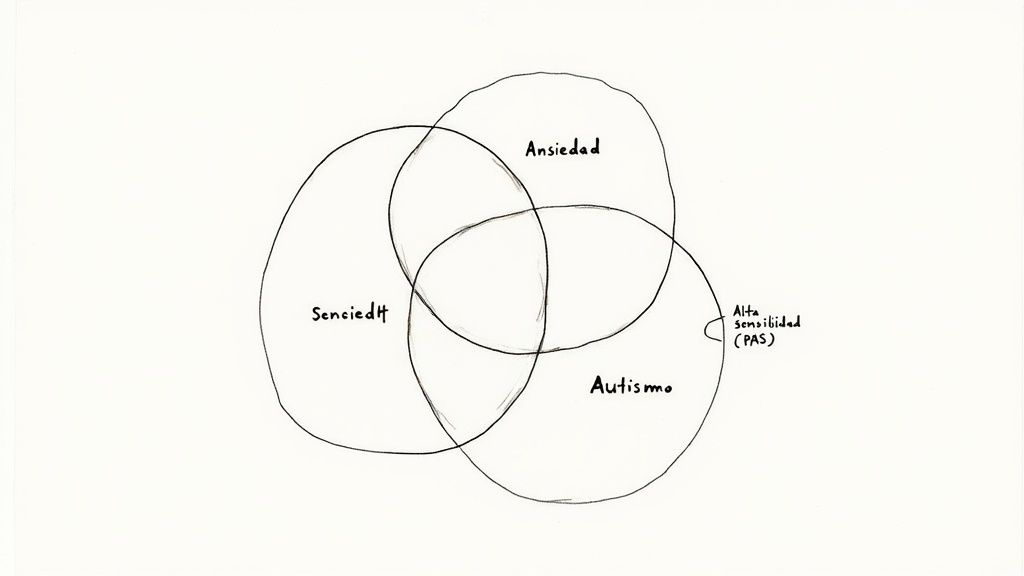 Diagrama de Venn que ilustra la superposición de Sensibilidad, Ansiedad y Autismo, y el concepto de Alta Sensibilidad (PAS).
