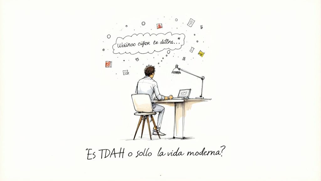 Hombre trabajando en un portátil, con pensamientos y notificaciones volando a su alrededor, cuestionándose si es TDAH o la vida moderna.
