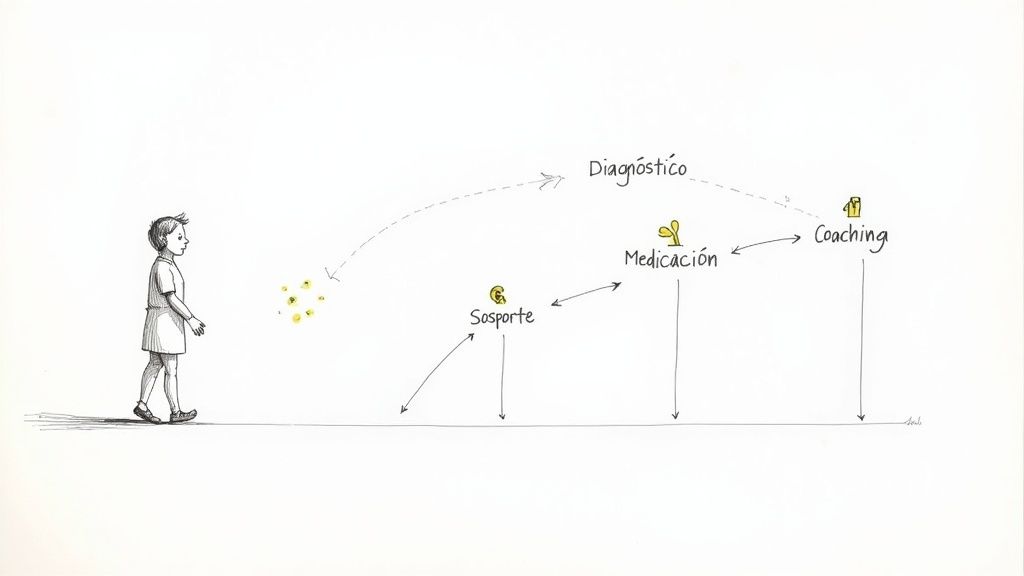 Un niño camina hacia un camino de diagnóstico y tratamiento para TDAH, incluyendo medicación, soporte y coaching.