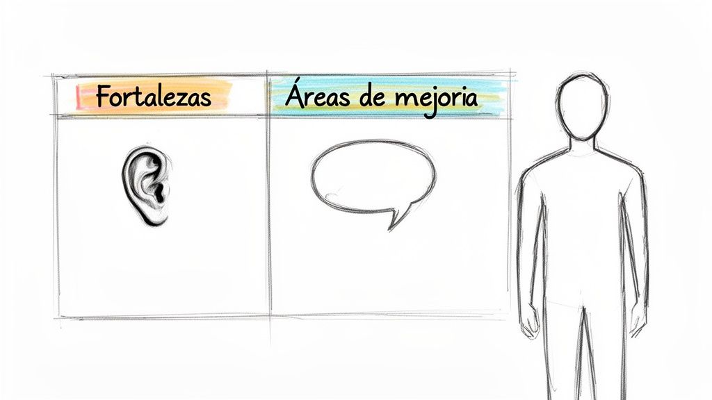 Tabla de evaluación personal: fortalezas representadas por una oreja (escucha) y áreas de mejoría por una burbuja de diálogo (comunicación).