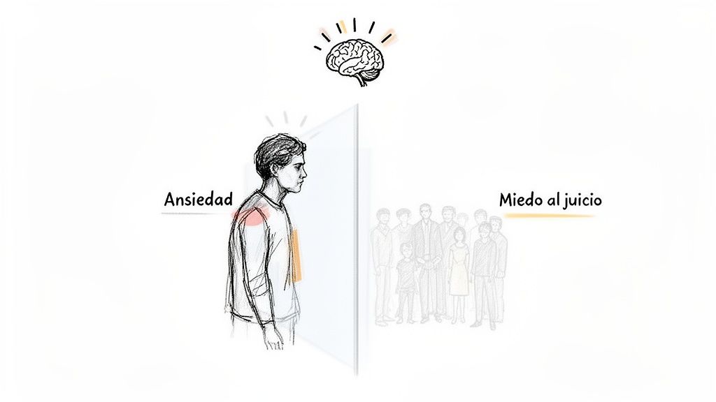 Ilustración de un hombre sintiendo ansiedad ante el miedo al juicio de una multitud, con un cerebro pensante arriba.