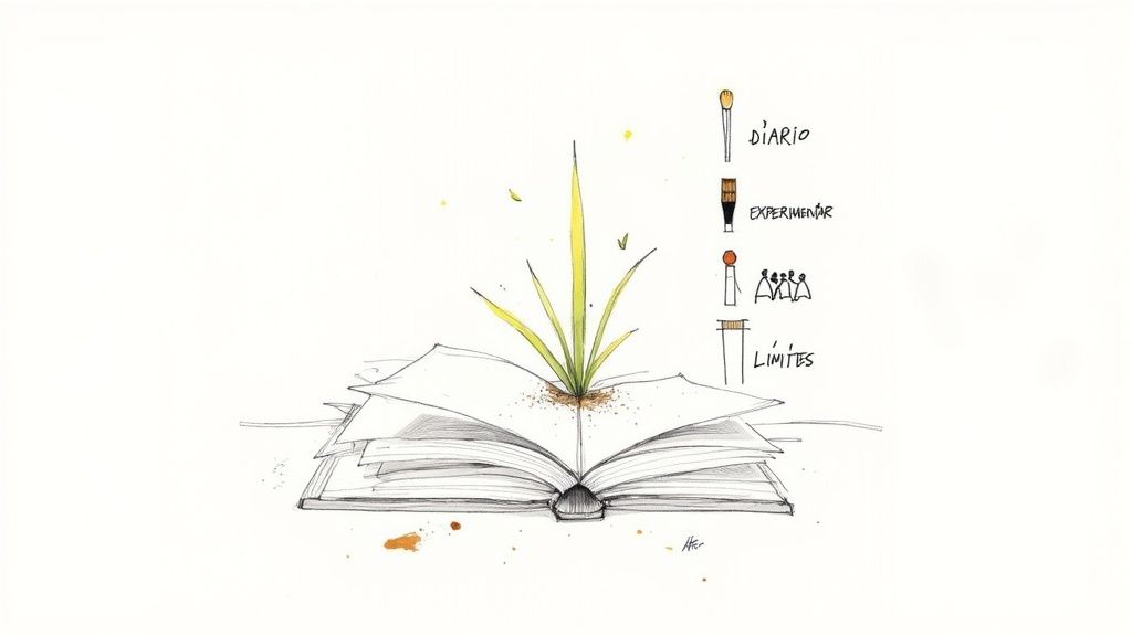Dibujo acuarela: Una planta crece de un libro abierto, simbolizando el florecimiento de ideas y conocimiento.