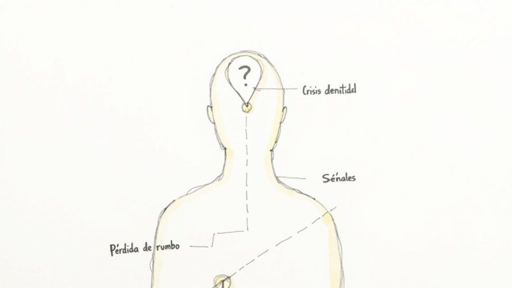 Dibujo que representa una crisis de identidad con preguntas, señales y pérdida de rumbo.