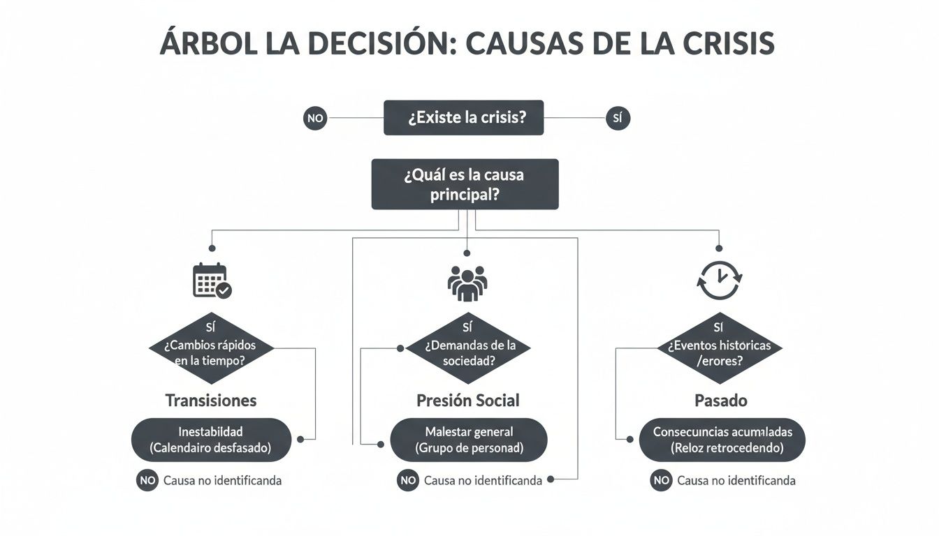 Diagrama de árbol de decisión que explica las causas de una crisis, incluyendo transiciones, presión social y el pasado.