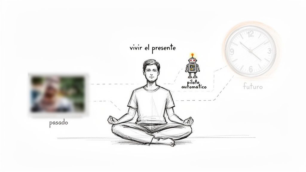 Ilustration que representa a una persona meditando para vivir plenamente el presente, evitando distracciones del pasado y futuro.