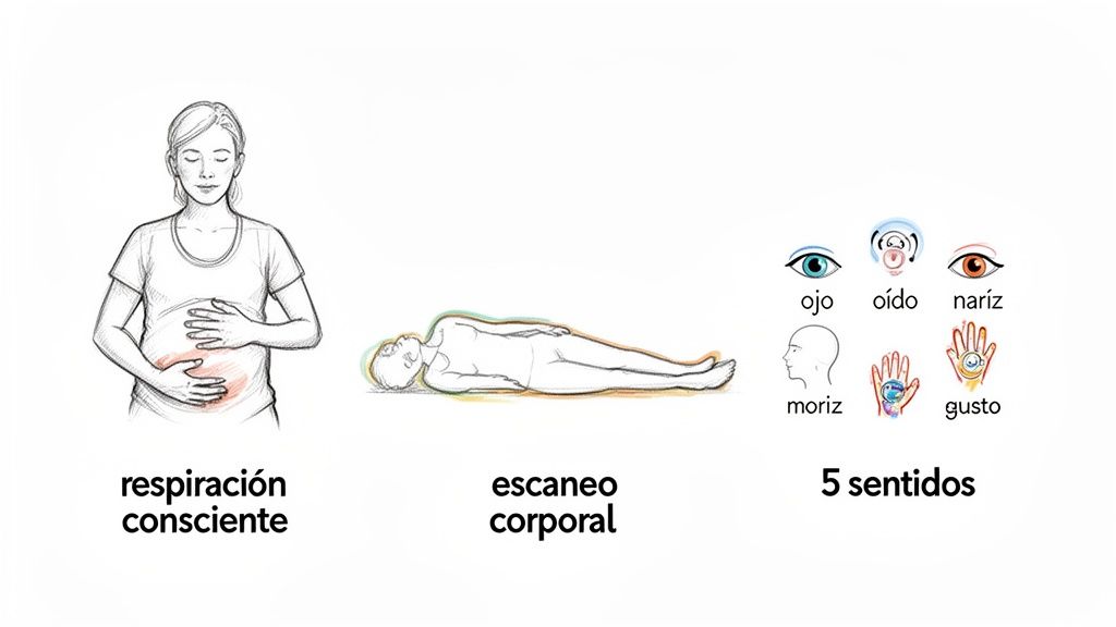 Ilustración de prácticas de atención plena: respiración consciente, escaneo corporal y activación de los cinco sentidos.