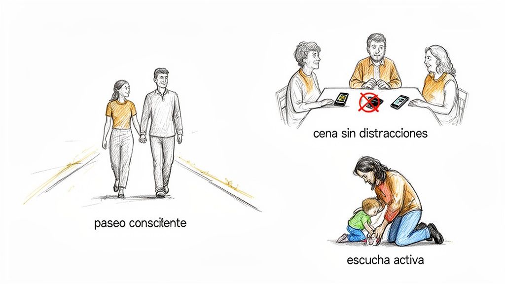 Ilustración de tres escenas que promueven vivir el presente: una pareja caminando, una cena sin distracciones y una madre con su hijo.
