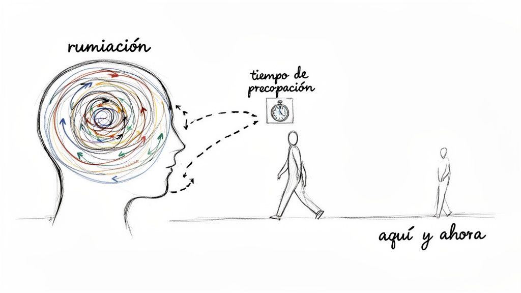 Ilustración sobre la rumiación y la preocupación que alejan del presente y vivir el aquí y ahora.