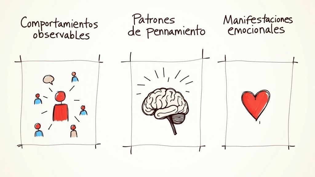 Diagrama ilustrativo de tres columnas mostrando comportamientos observables, patrones de pensamiento y manifestaciones emocionales.