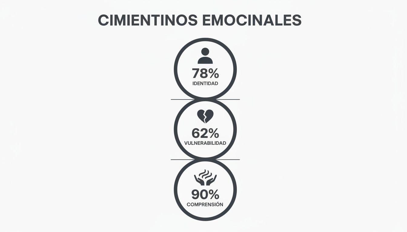 Infografía de cimientos emocionales con porcentajes de identidad, vulnerabilidad y comprensión.