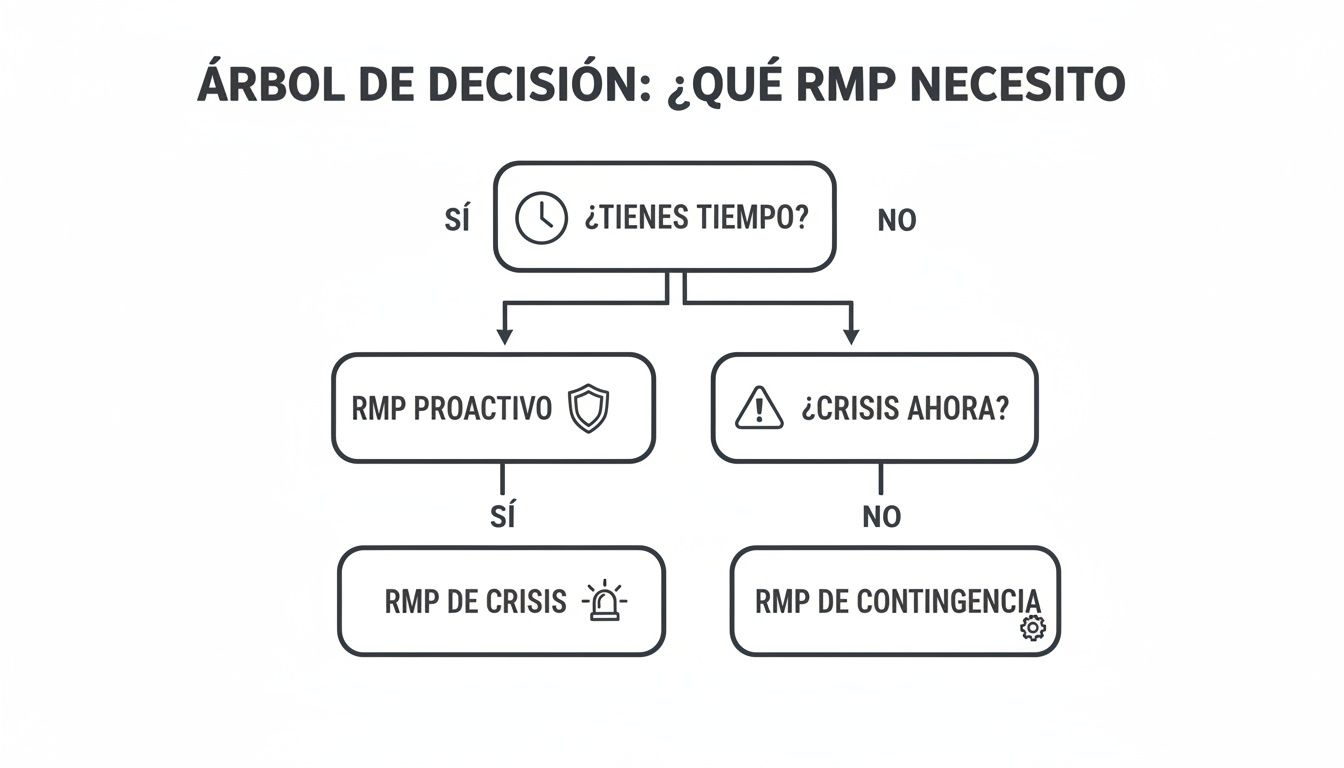 Diagrama de árbol de decisión que explica qué tipo de RMP se necesita según la disponibilidad de tiempo y la existencia de una crisis.