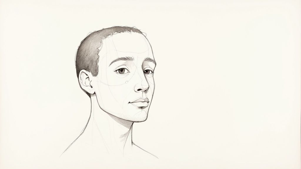 Dibujo a lápiz detallado de la cabeza y parte superior del torso de un joven con mirada neutra, perfil a la derecha.