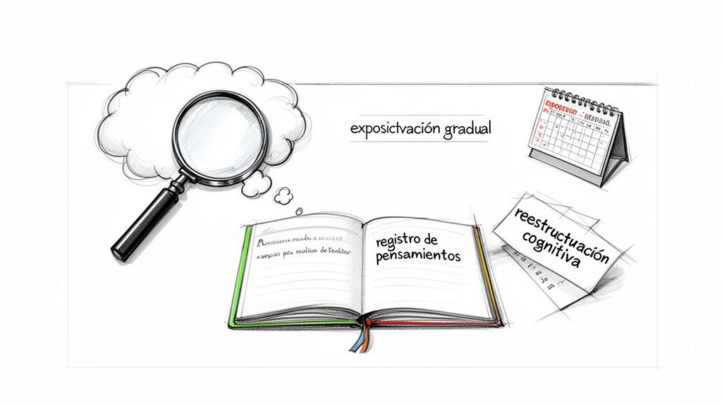 Ilustración de conceptos clave de la terapia cognitivo-conductual: exposición gradual, registro de pensamientos y reestructuración cognitiva.
