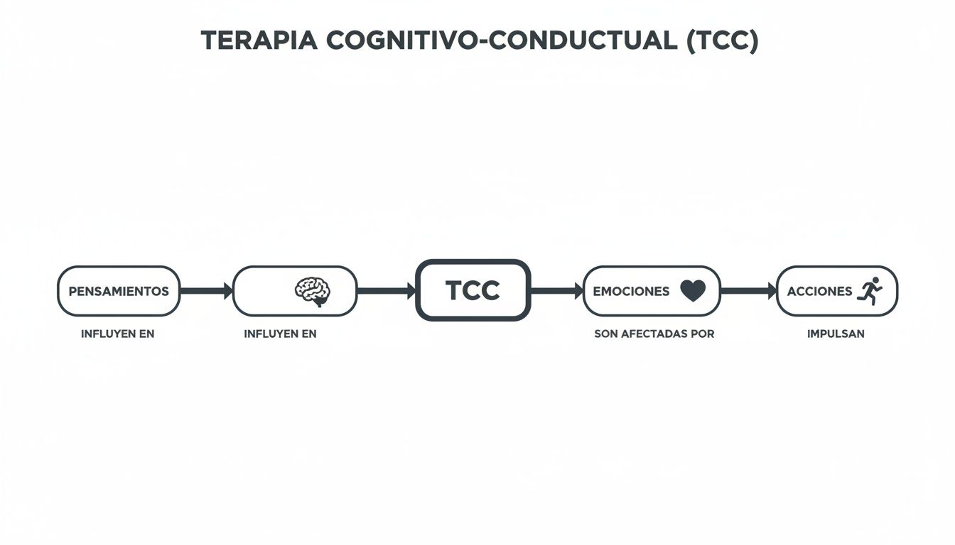 Diagrama de la terapia cognitivo-conductual (TCC) que muestra la influencia entre pensamientos, el cerebro, emociones y acciones.