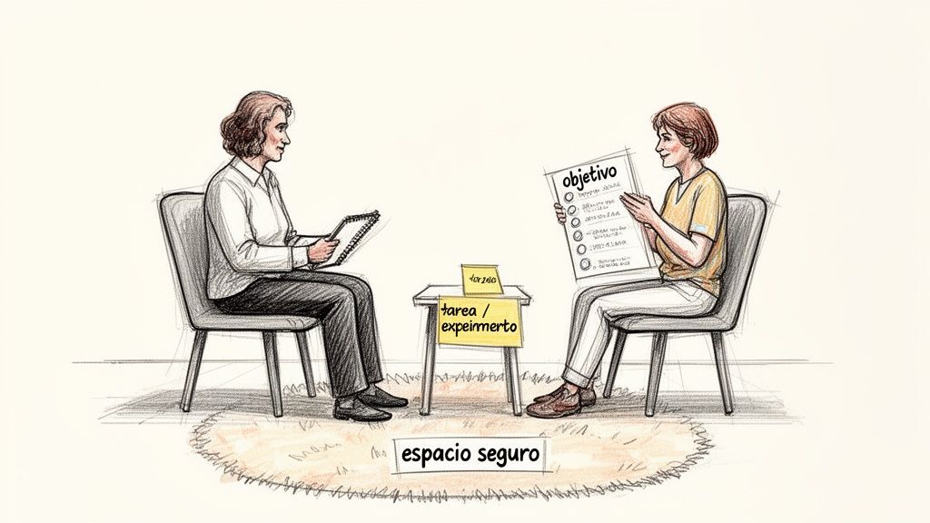 Dos personas en una sesión de terapia, una con un objetivo y la otra tomando notas, en un espacio seguro.