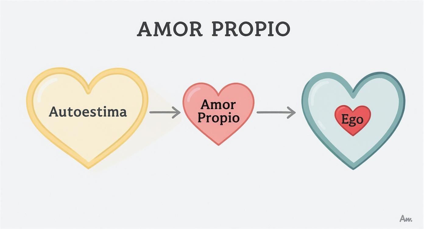Diagrama visual que muestra la relación entre autoestima, amor propio y ego, ilustrado con corazones de colores.