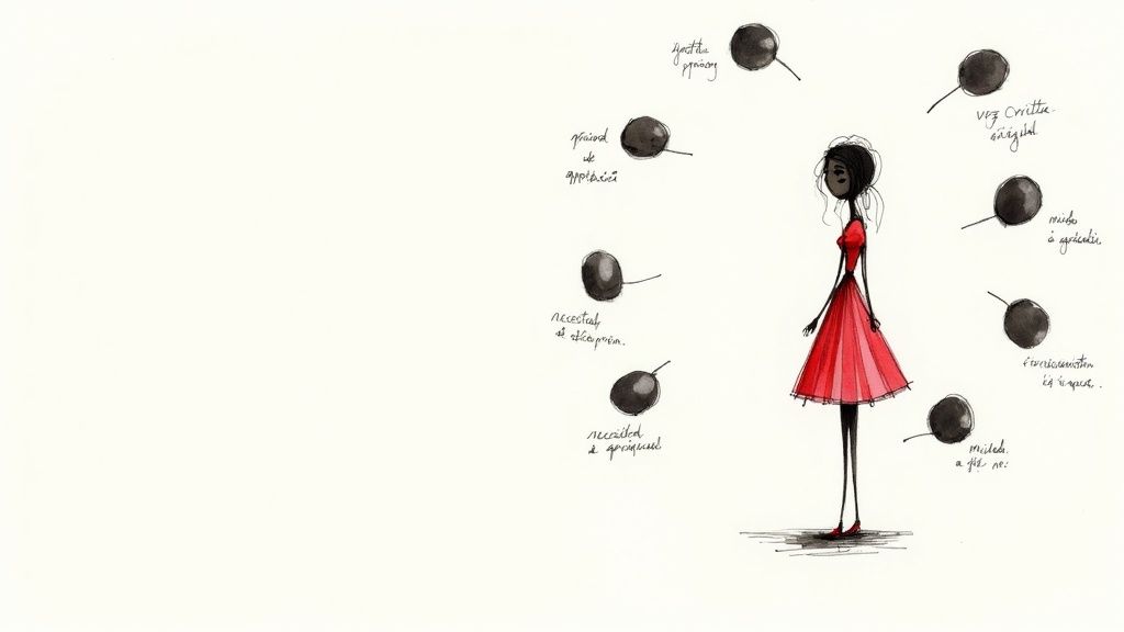 Ilustración de mujer con vestido rojo rodeada de pensamientos sobre autoapreciación, miedos y necesidades.